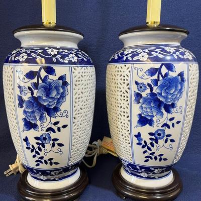 Blue & White Asian Ceramic Lamps - Pair