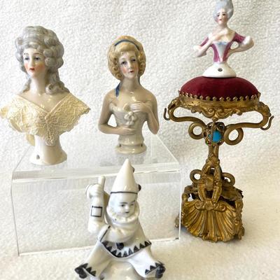 Porcelain Victorian Busts And Clown Figurines Pin Cushion 