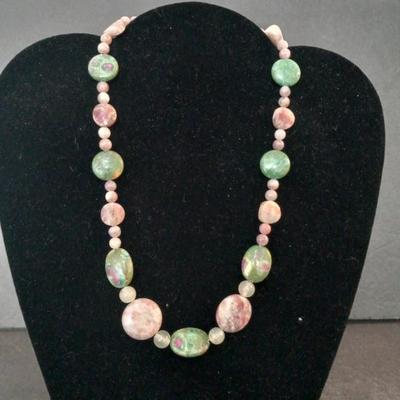 Vintage Ruby Geosite, Pink Tourmaline & New Jade 18" Toggle Clasp Necklace