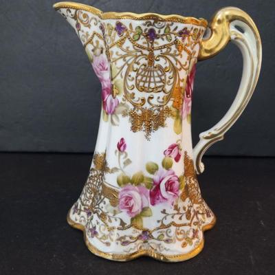 Vintage Hand Painted Nippon Gilded Pitcher - Rose Pattern - 7" Tall