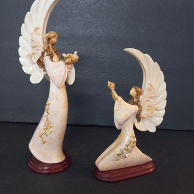 High Gloss Resin on Wood Base Pair of Praying Angels - 9¼" & 12½" Tall