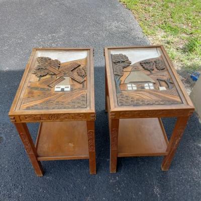 Vintage 1954 Hand Carved in Bavaria Relief Glass Top Pair of End Tables - 16" x 24" x 24"