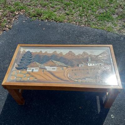 Vintage 1954 Hand Carved in Bavaria Relief Glass Top Coffee Table - 40" x 20" x 17½"