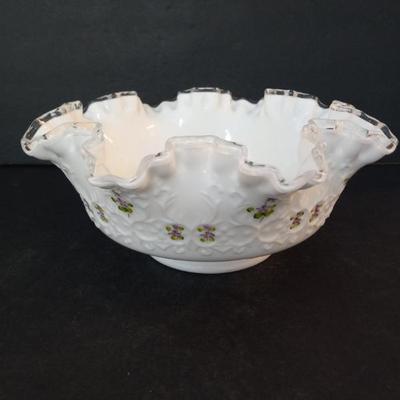 Vintage Fenton "Violets in the Snow" by C. Smith Spanish Lace Silver Crest Milk Glass Bowl - 9½" Diameter