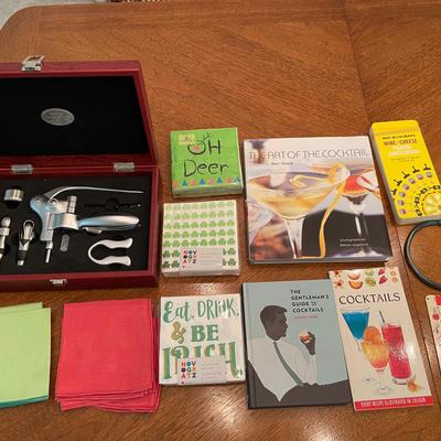 Lot With Cocktail Books, Napkins And Other Serving Items