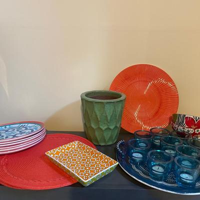 Lot Of Colorful Kitchen Items And Planter