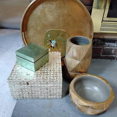 Lot Of Decor Including Two Boxes And A Gold Tray
