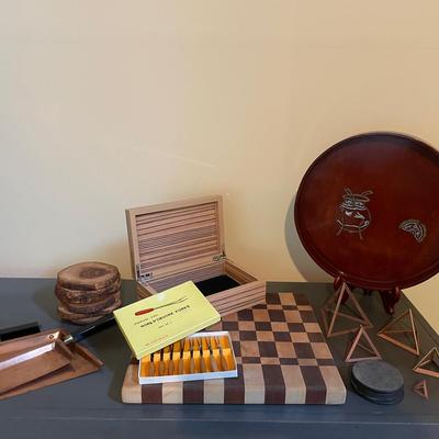 Lot Of Wood Decor And Metal Coasters And Dustpans
