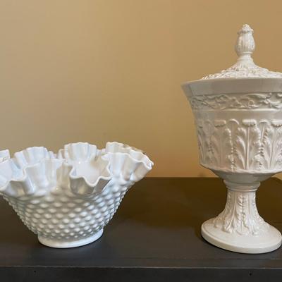 Milk Glass Bowl And Ceramic Jar With Lid 