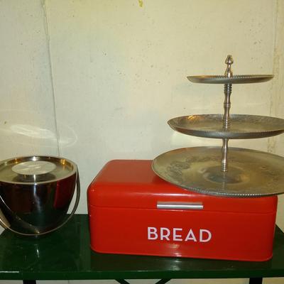 Lot of three kitchen items including a retro breadbox