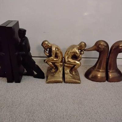 Three Pairs Of Figural Bookends, Ducks And Humans 