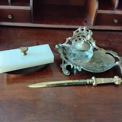Antique Desk Accessories Including An Ink Well