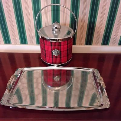 Vintage Plaid Ice Bucket And Stainless Tray