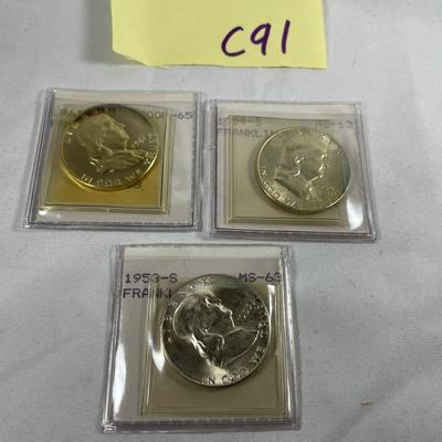 3 Benjamin Franklin Half Dollar Coins