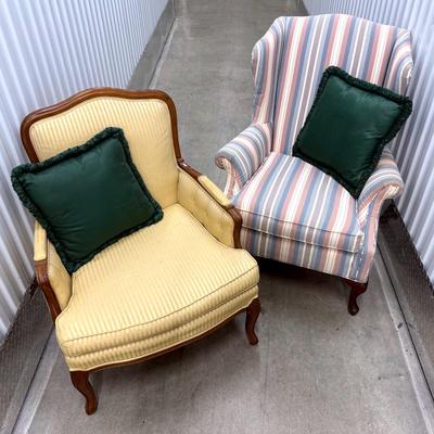 Pair Vintage Striped Upholstered Armchairs With Pillows