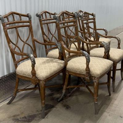 Set Of Six Hickory Chair Silvered Metal Mounted Rattan Dining Chairs 
