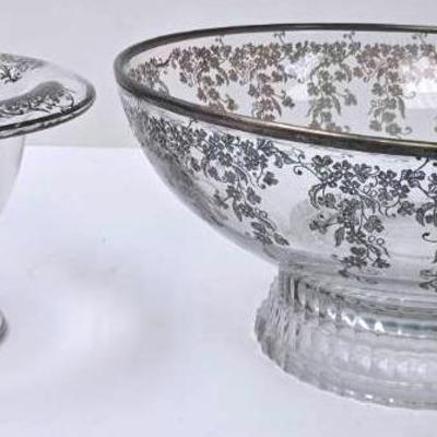 Clear Glass Compote and Bowl With Overlay Design
