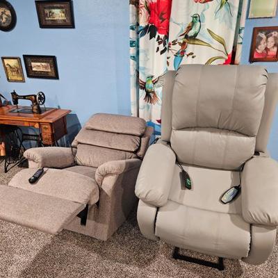 Pee lift chair or recliner on the right has leather???, fabric, easy to clean. 
