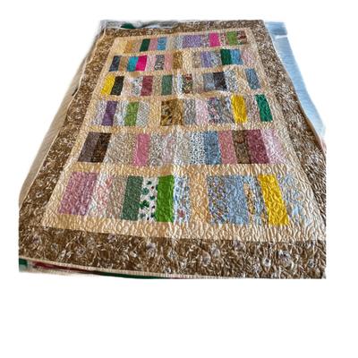 Handmade Strip Quilt – Scrappy Patchwork with Floral Border, 45.5” x 61”