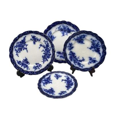 Stanley Pottery Touraine Pattern Flow Blue Four-Piece Place Settings 