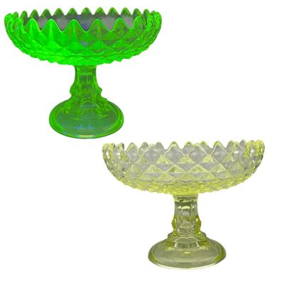 Vintage Vaseline Glass Diamond Point Compote – Glows Under UV Light