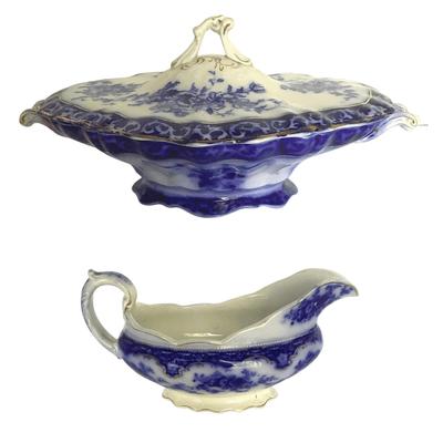 Beautiful Flow Blue Gravy Dish And Vegetable Dish From Late Victorian Or Early Edwardian Period 