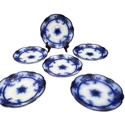 Set of 6 Antique Flow Blue Plates “Kelvin” by Grindley & Co., England – Gold Trim