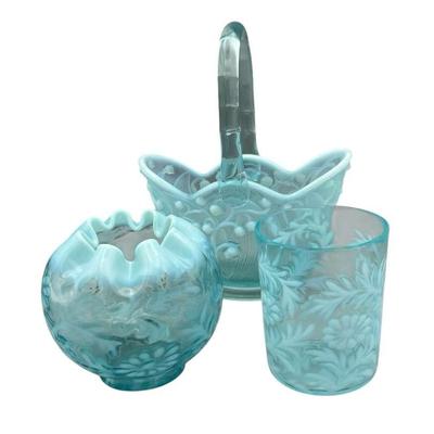 Fenton Basket, Rose Bowl, and LG Wright Glass Set in Light Blue
