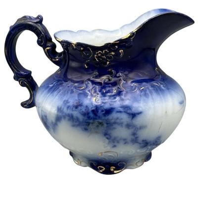 Antique Flow Blue “La Belle” Pitcher with Gold Accents 