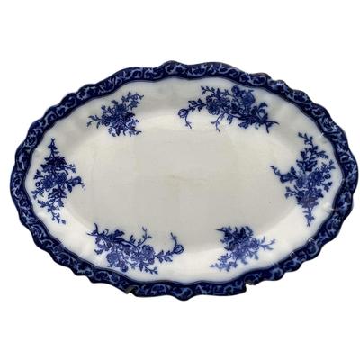 12" x 17" Stanley Pottery Touraine Pattern Flow Blue Platter with Blue Floral Motif