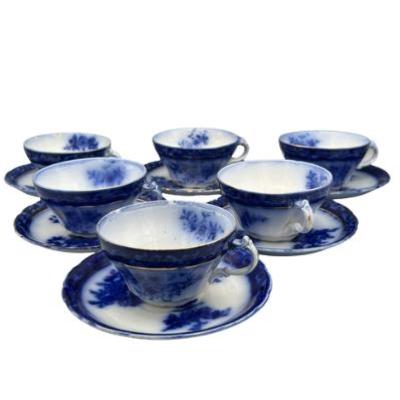 Flow Blue Touraine Pattern Teacups and Saucers by Stanley Pottery