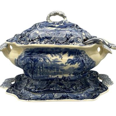 Antique Mason’s Vista Blue Transferware Covered Soup Tureen with Underplate & Ladle – England