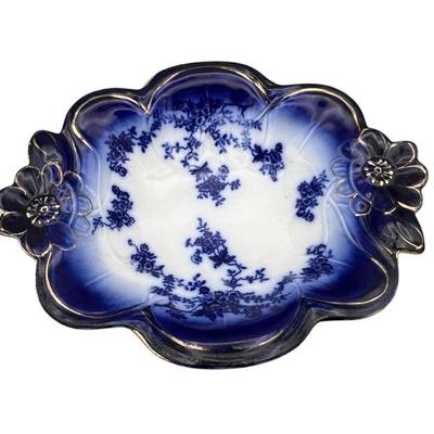 Antique LaBelle Flow Blue Floral Serving Bowl with Relief Flowers