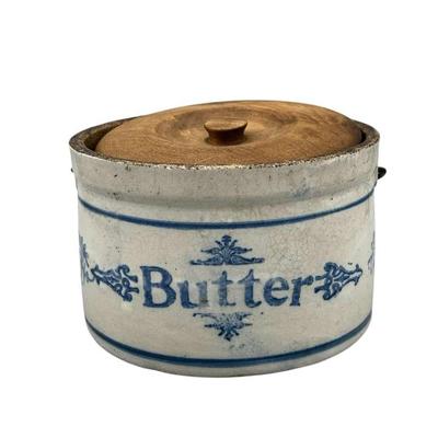 Antique Blue & White Stoneware Butter Crock with Wooden Lid and Wire Bail Handle