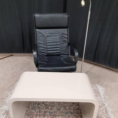 Office Chair, Retro Coffee Table, Floral Rug, Floor Lamp