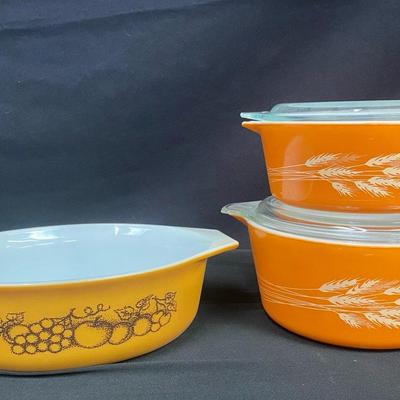 Vintage Pyrex Golden Wheat and Old Orchard Casserole Dishes
