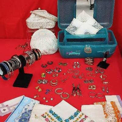 Vintage Handkerchiefs and Jewelry w Case