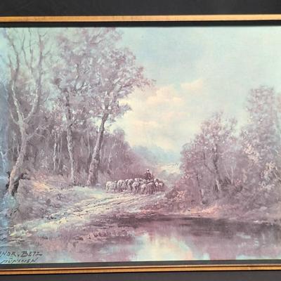 Signed Framed Painting Of A Shepherd And His Flock By Anor Betz