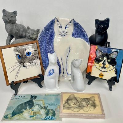 Signed Artwork, Vintage Avon Ming Cat Cologne & Cat Figures 