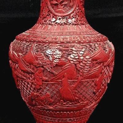 Chinese Floral Scroll Cinnabar Vase