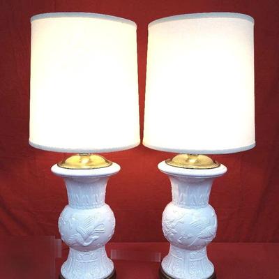 Pair:  Frederick Cooper White Raised Relief Ceramic Table Lamps
