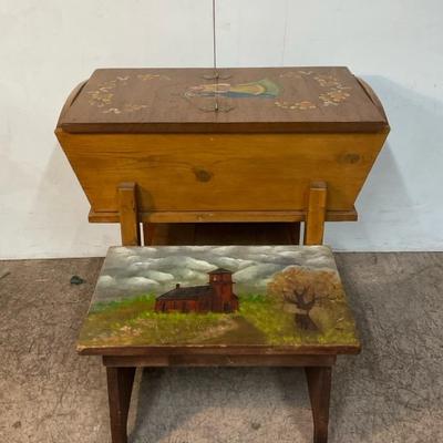 Handpainted Pine Bread Dough Box W/ Handpainted Stool