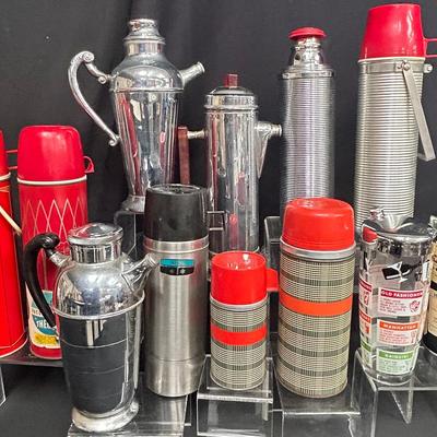 Vintage Thermos And Vintage Cocktail Shakers