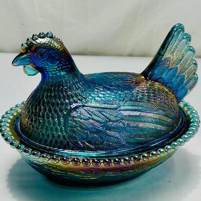 Iridescent Blue Carnival Glass Hen on a Nest
