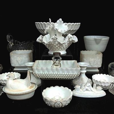 Fenton Hobnail Tri Horn Milk Glass Epergne & Glass Decor