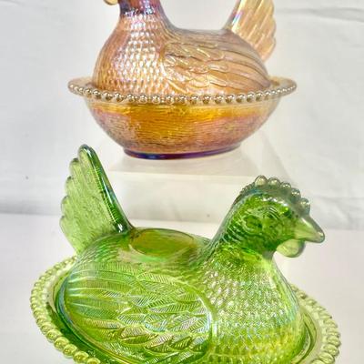 Two Iridescent Indiana Carnival Glass Hen On A Nest Covered Dishes