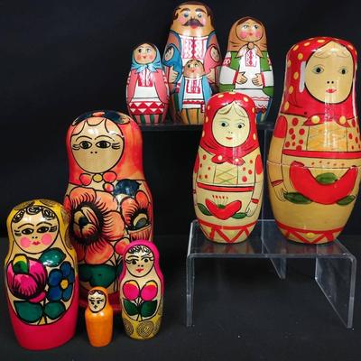 Trio Of Vintage Hand-Painted Matryoshka Nesting Doll Sets