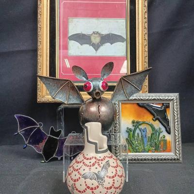 Mata Ortiz Bat-Themed Signed Pottery, Bat Lantern, Stained Glass & More