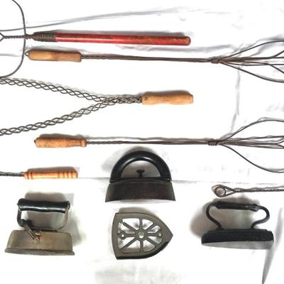 Antique Cast Iron Sad Irons & Vintage Rug Beaters