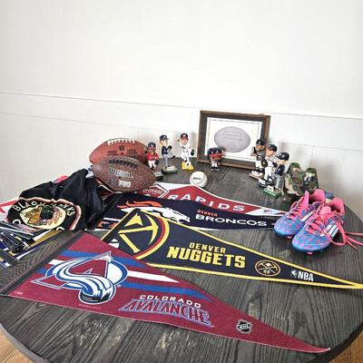 Large Lot of Assorted Sports Items! Pennants, Sports Figurines, Blackhawk Shirt, and more!